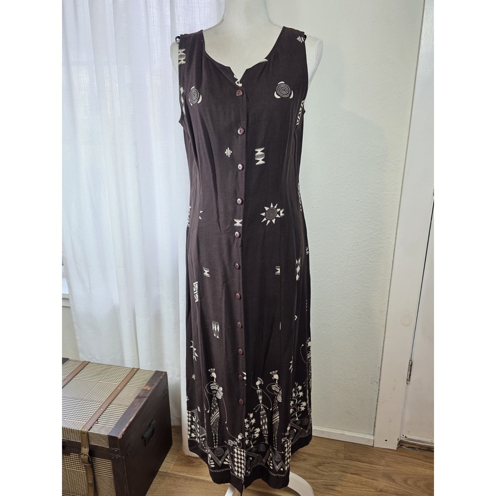 90s R&k Originals Dress Size 10 Rayon Brown Button Up Sleeveless Maxi Dress